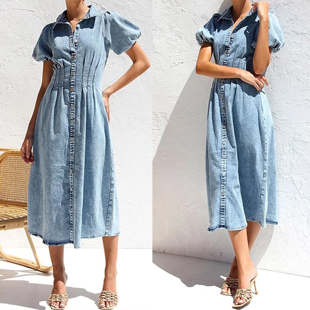 Women Denim Dress Long Puff Sleeve Button-Down Casual Slim Fit Midi - Picture 4 of 6